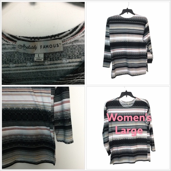 Women’s Absolutely Famous L Large 12 - 14 Sweater Tunic Stripe Black Tan EUC - Picture 1 of 6